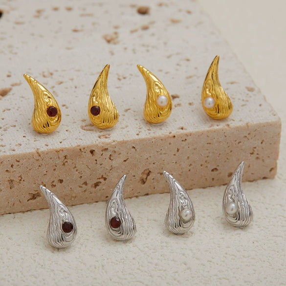 Wholesale Women's S925 Sterling Silver Geometric Natural Garnet Pearl Colored Gemstone Water Drop Earrings Set With Gems