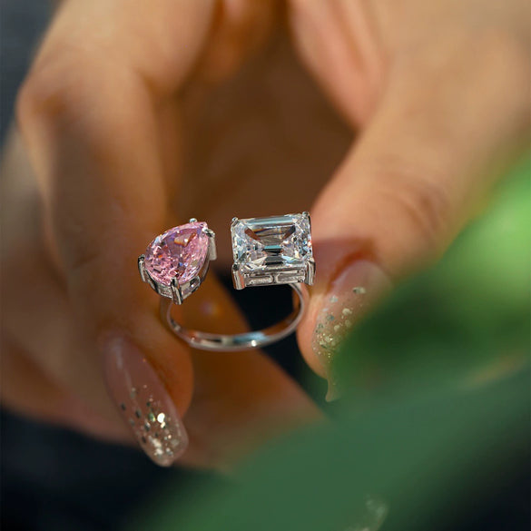 Wholesale Women's S925 Sterling Silver Geometric Open Ring With Pink Diamond And Water Drop Shape Electroplated