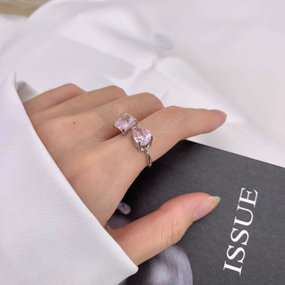 Wholesale Women's S925 Sterling Silver Geometric Open Ring With Pink Diamond And Water Drop Shape Electroplated