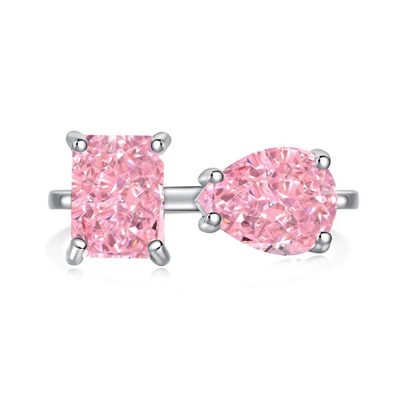 Wholesale Women's S925 Sterling Silver Geometric Open Ring With Pink Diamond And Water Drop Shape Electroplated