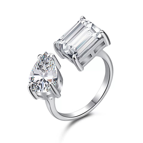 Wholesale Women's S925 Sterling Silver Geometric Open Ring With Pink Diamond And Water Drop Shape Electroplated
