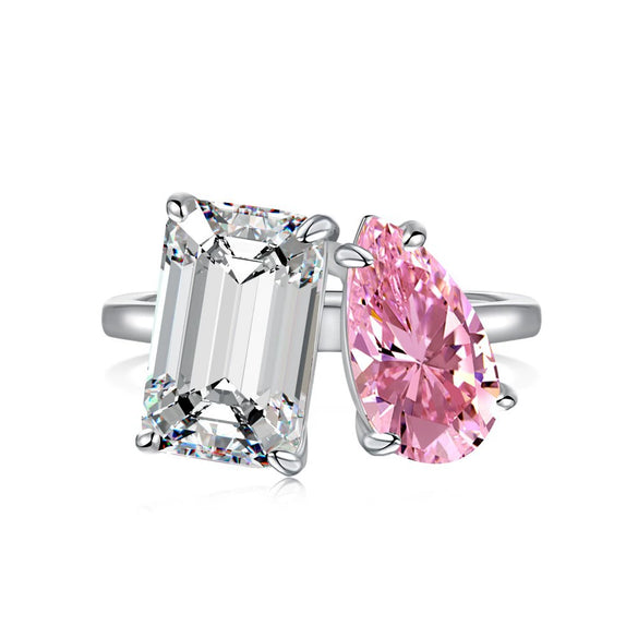 Wholesale Women's S925 Sterling Silver Geometric Open Ring With Pink Diamond And Water Drop Shape Electroplated