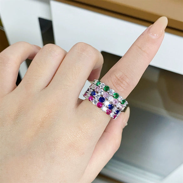 Wholesale Women's S925 Sterling Silver Geometric Rainbow Candy Color Stacked Ring