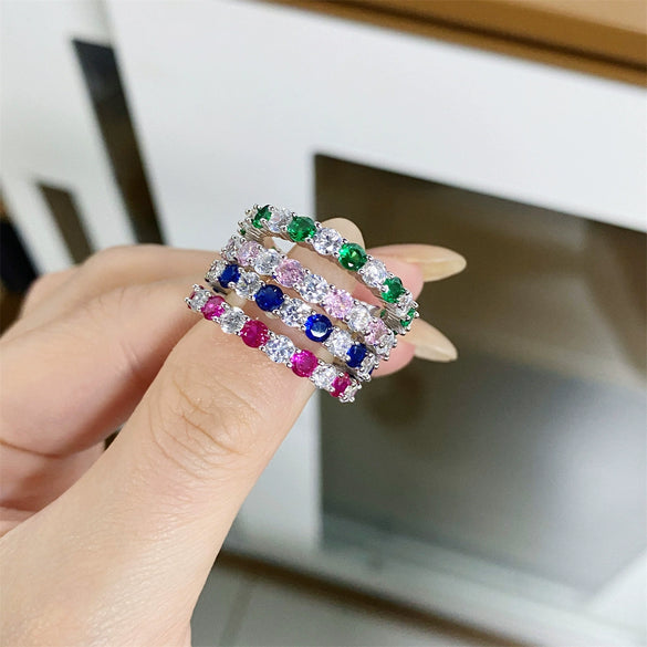 Wholesale Women's S925 Sterling Silver Geometric Rainbow Candy Color Stacked Ring