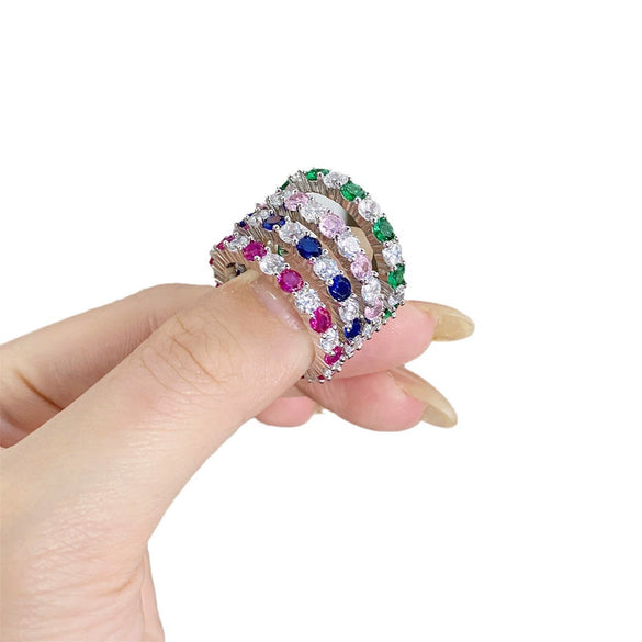 Wholesale Women's S925 Sterling Silver Geometric Rainbow Candy Color Stacked Ring
