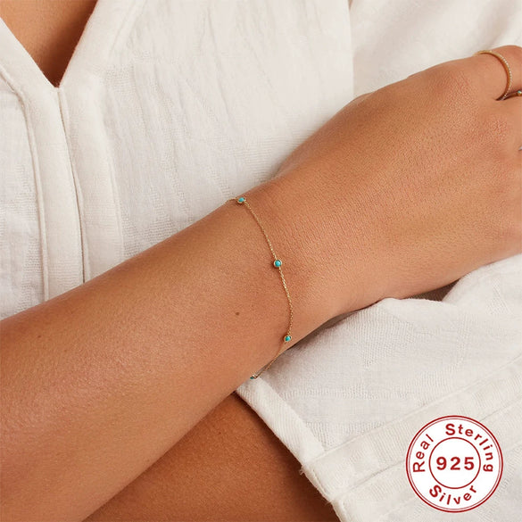 Wholesale Women's S925 Sterling Silver Geometric Simple Stacked Bracelet With Turquoise Electroplated