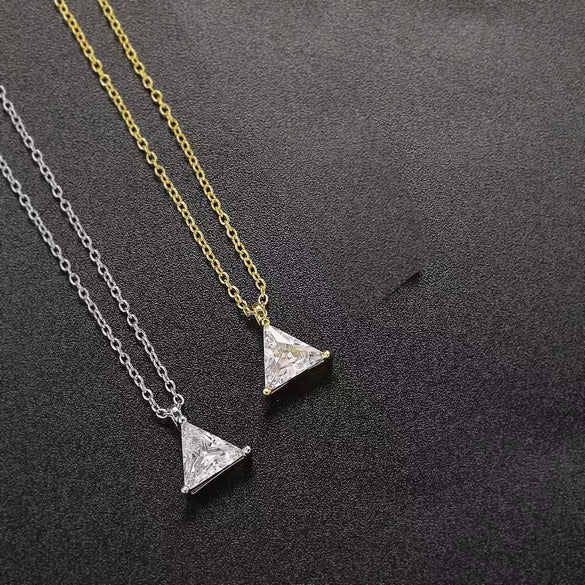 Wholesale Women's S925 Sterling Silver Geometric Single Diamond Triangle Pendant Necklace Plated With 14K Gold