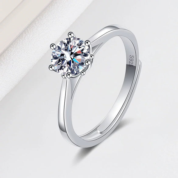 Wholesale Women's S925 Sterling Silver Geometric Sixclaw Moissanite Opening Adjustable Ring With Electroplating
