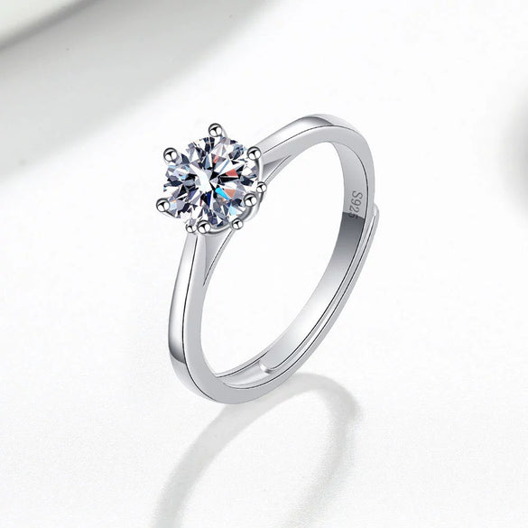 Wholesale Women's S925 Sterling Silver Geometric Sixclaw Moissanite Opening Adjustable Ring With Electroplating