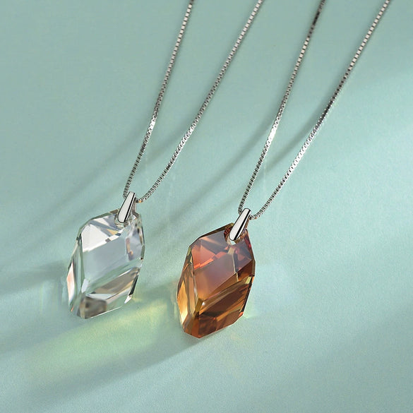 Wholesale Women's S925 Sterling Silver Geometric Square Austrian Crystal Diamond Cut Aurora Pendant Necklace With Ochain