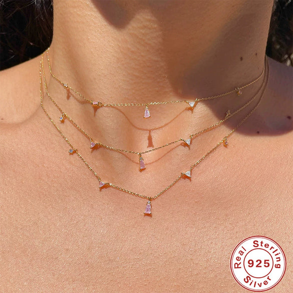Wholesale Women's S925 Sterling Silver Geometric Stacked Clavicle Necklace With Electroplating And Ice Crystal Diamond Stacked Design
