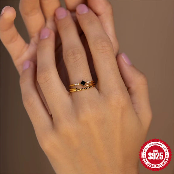 Wholesale Women's S925 Sterling Silver Geometric Stacked Ring Three Piece Set With Black Diamond And Electroplating