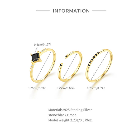 Wholesale Women's S925 Sterling Silver Geometric Stacked Ring Three Piece Set With Black Diamond And Electroplating