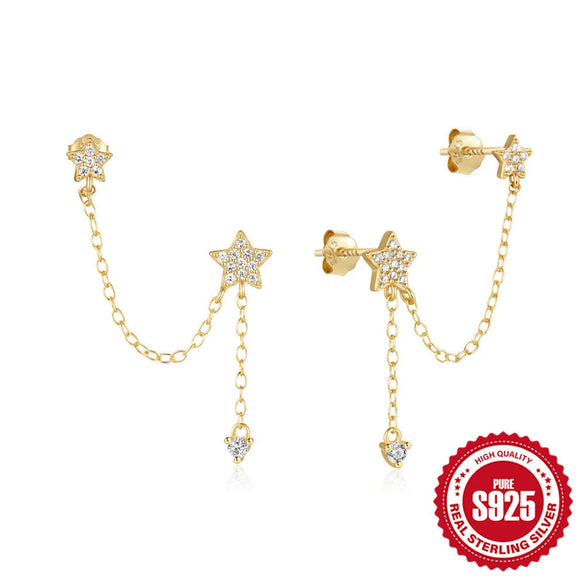 Wholesale Women's S925 Sterling Silver Geometric Star Tassel Chain Ear Stud Stacking Earrings