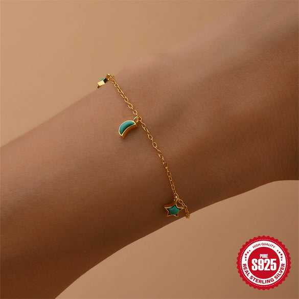 Wholesale Women's S925 Sterling Silver Geometric Starshaped Moon Mix Bracelet With Turquoise Electroplated Chain Finger Jewelry