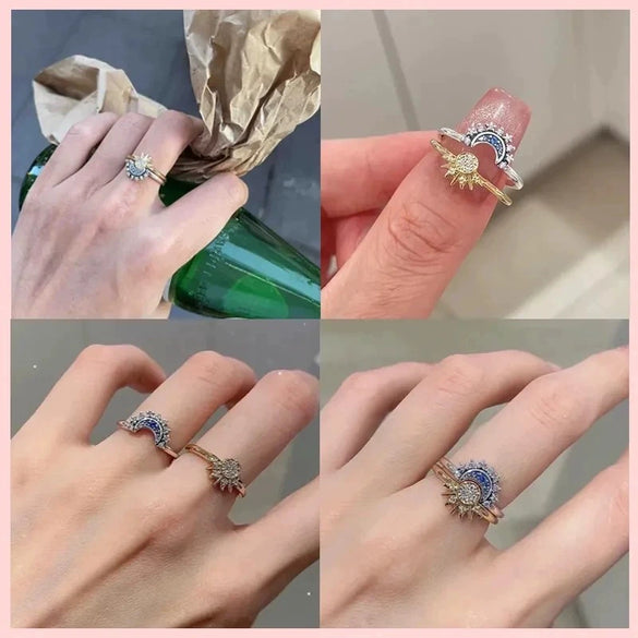 Wholesale Women's S925 Sterling Silver Geometric Sun Moon Star Ring Set Electroplated