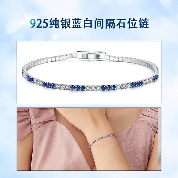 Wholesale Women's S925 Sterling Silver Geometric Tennis Chain Bracelet With Blue Zirconium Electroplated