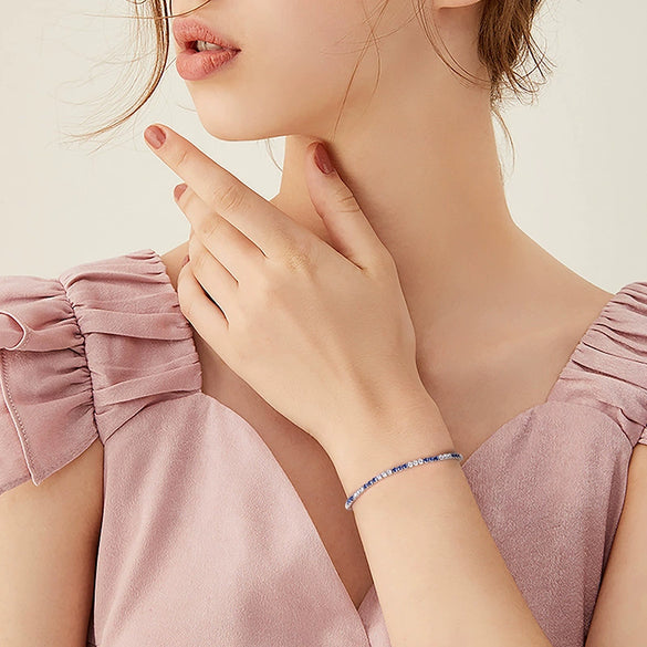 Wholesale Women's S925 Sterling Silver Geometric Tennis Chain Bracelet With Blue Zirconium Electroplated