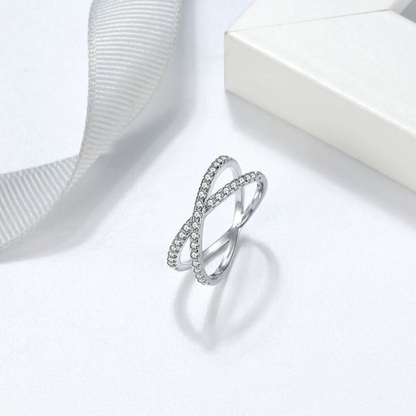 Wholesale Women's S925 Sterling Silver Geometric X Shaped Diamond Zircon Electroplated Ring