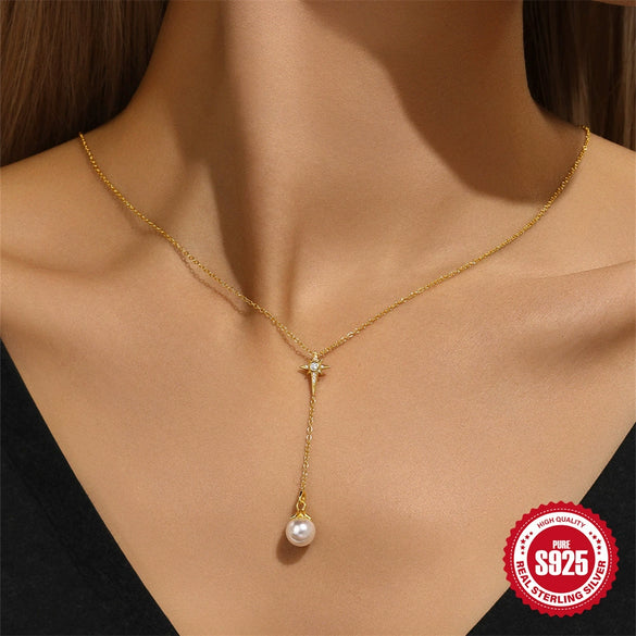Wholesale Women's S925 Sterling Silver Geometric Y Shaped Clavicle Chain With Pearl And Electroplating Design