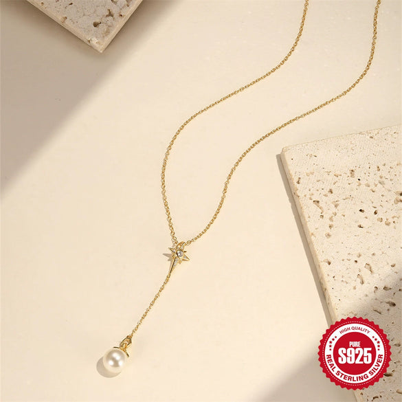 Wholesale Women's S925 Sterling Silver Geometric Y Shaped Clavicle Chain With Pearl And Electroplating Design