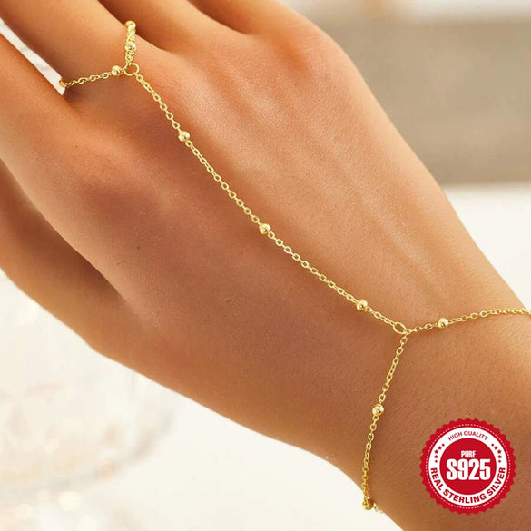 Wholesale Women's S925 Sterling Silver Hand Jewelry With Small Rice Bead Chain Finger Bracelet In Geometric Pattern And Real Gold Plated Electroplating Treatment