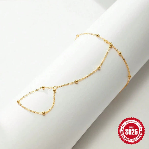 Wholesale Women's S925 Sterling Silver Hand Jewelry With Small Rice Bead Chain Finger Bracelet In Geometric Pattern And Real Gold Plated Electroplating Treatment