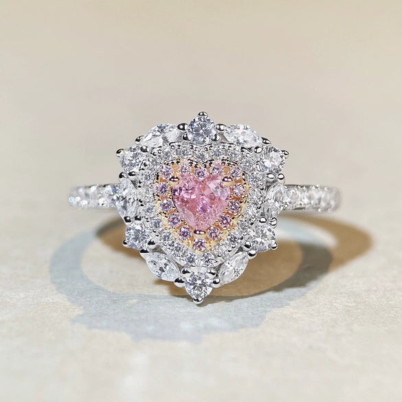 Wholesale Women's S925 Sterling Silver Heart Pink Diamond Allmatch Electroplated Ring