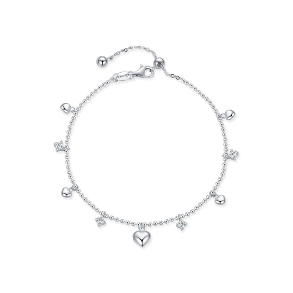 Wholesale Women's S925 Sterling Silver Heart Shape Imitation Diamond Tassel Pendant Bracelet