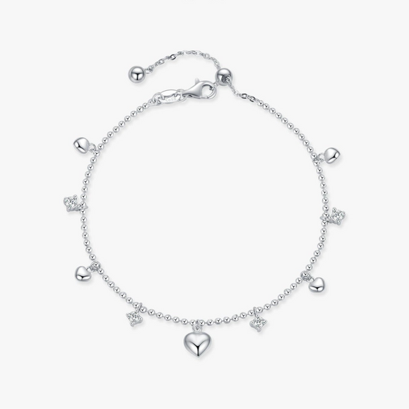 Wholesale Women's S925 Sterling Silver Heart Shape Imitation Diamond Tassel Pendant Bracelet