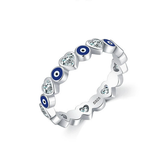 Wholesale Women's S925 Sterling Silver Heartshaped Blue Eye Zircon Ring With Dripping Glue Design