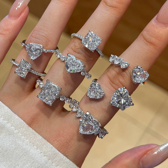 Wholesale Women's S925 Sterling Silver Heartshaped Light Luxury Geometric Electroplated Ring With High Carbon Diamond