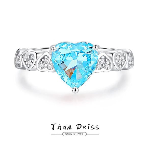 Wholesale Women's S925 Sterling Silver Heartshaped Ring With Sapphire Aquamarine And High Carbon Diamond