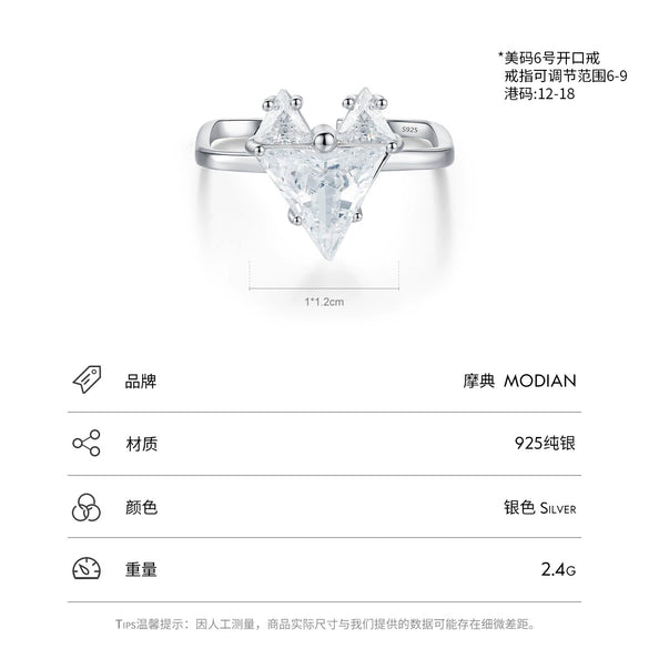 Wholesale Women's S925 Sterling Silver Heartshaped Zircon Geometric Square Open Ring Simple Style