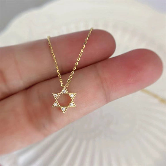 Wholesale Women's S925 Sterling Silver Hexagonal Star Diamond Pendant Necklace 14K Gold Plated