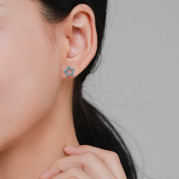 Wholesale Women's S925 Sterling Silver Hollow Simple Star Retro Turquoise Microinlay Earrings