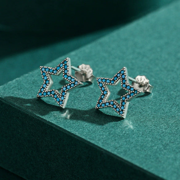 Wholesale Women's S925 Sterling Silver Hollow Simple Star Retro Turquoise Microinlay Earrings