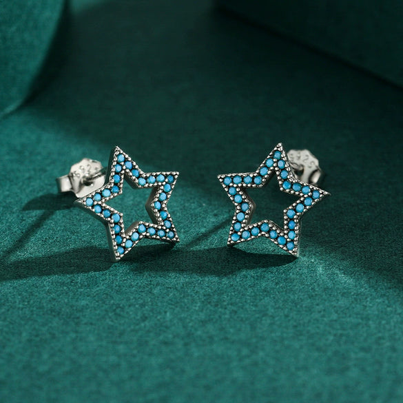 Wholesale Women's S925 Sterling Silver Hollow Simple Star Retro Turquoise Microinlay Earrings