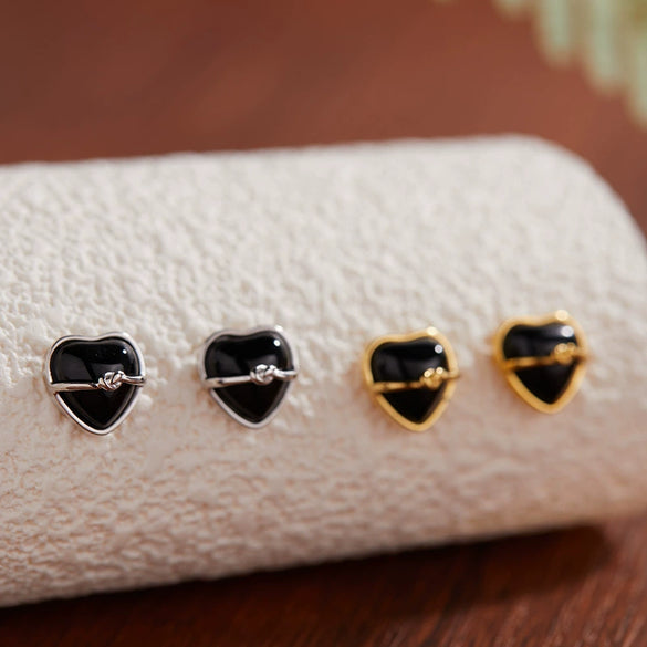 Wholesale Women's S925 Sterling Silver Inlaid Natural Black Agate Heart Shaped Love Earrings