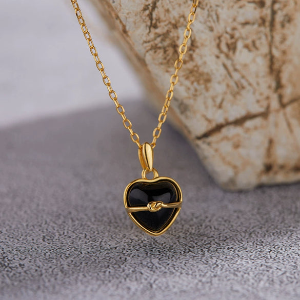 Wholesale Women's S925 Sterling Silver Inlaid Natural Black Agate Heart Shaped Pendant Necklace