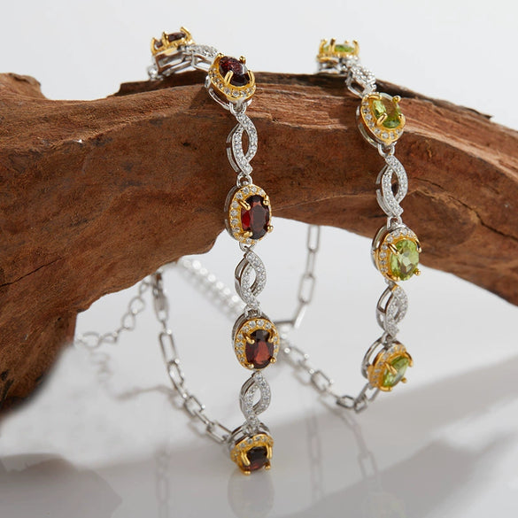 Wholesale Women's S925 Sterling Silver Inlaid Natural Garnet Peridot Electroplated Light Luxury Bracelet