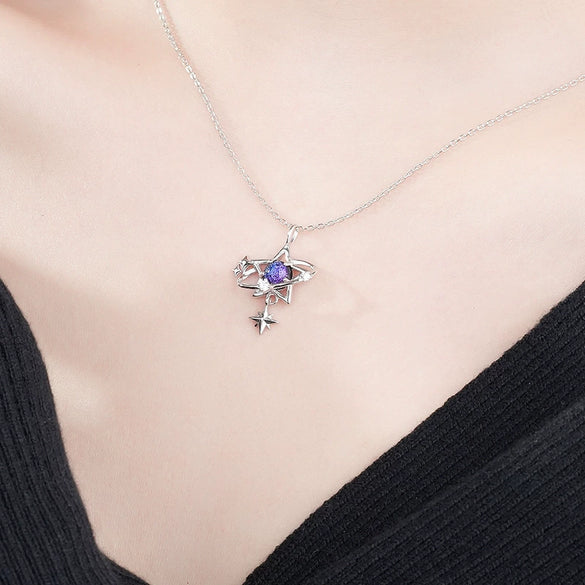 Wholesale Women's S925 Sterling Silver Inlaid Star Pendant Cross Chain Necklace