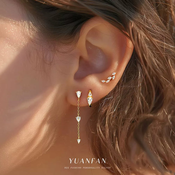 Wholesale Women's S925 Sterling Silver Leaf Style Earrings With Zirconium Tassel