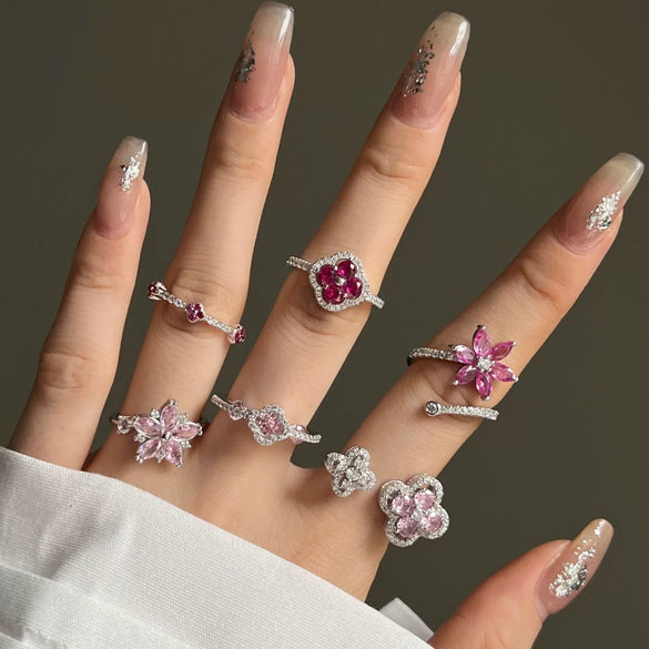 Wholesale Women's S925 Sterling Silver Light Luxury Floral Open Ring With Fourleaf Cone Zircon And Electroplating
