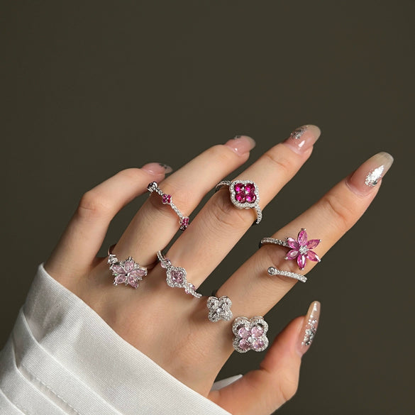 Wholesale Women's S925 Sterling Silver Light Luxury Floral Open Ring With Fourleaf Cone Zircon And Electroplating