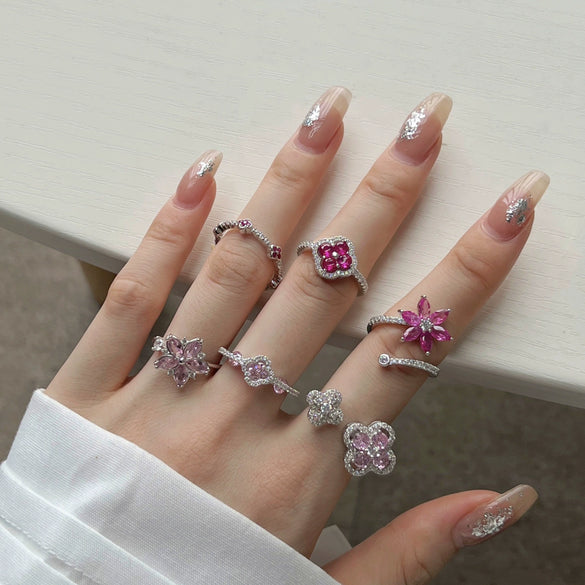 Wholesale Women's S925 Sterling Silver Light Luxury Floral Open Ring With Fourleaf Cone Zircon And Electroplating