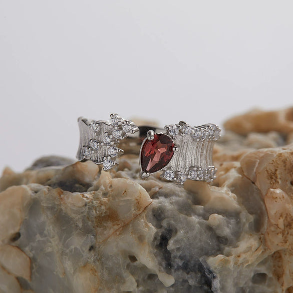 Wholesale Women's S925 Sterling Silver Light Luxury Style Gem Inlaid Heart Shape Open Ring With Natural Colored Gemstone Garnet Topaz And Brushed Effect