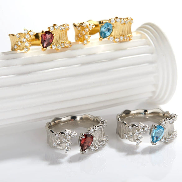 Wholesale Women's S925 Sterling Silver Light Luxury Style Gem Inlaid Heart Shape Open Ring With Natural Colored Gemstone Garnet Topaz And Brushed Effect