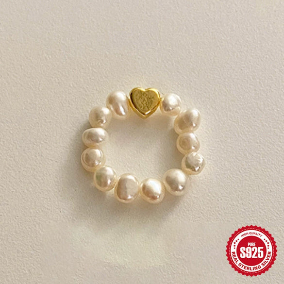Wholesale Women's S925 Sterling Silver Love Shape Elastic Pearl Ring With Electroplating Design