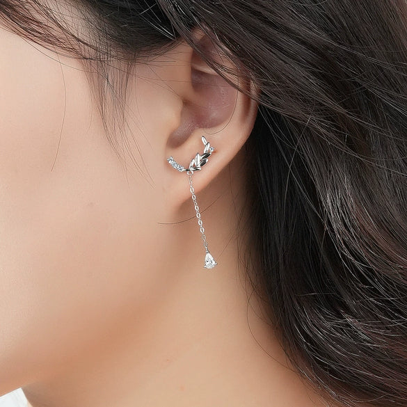 Wholesale Women's S925 Sterling Silver Micro Inlay Leaves Pattern Stud Earrings Inspired By 24 Solar Terms Grain Rain